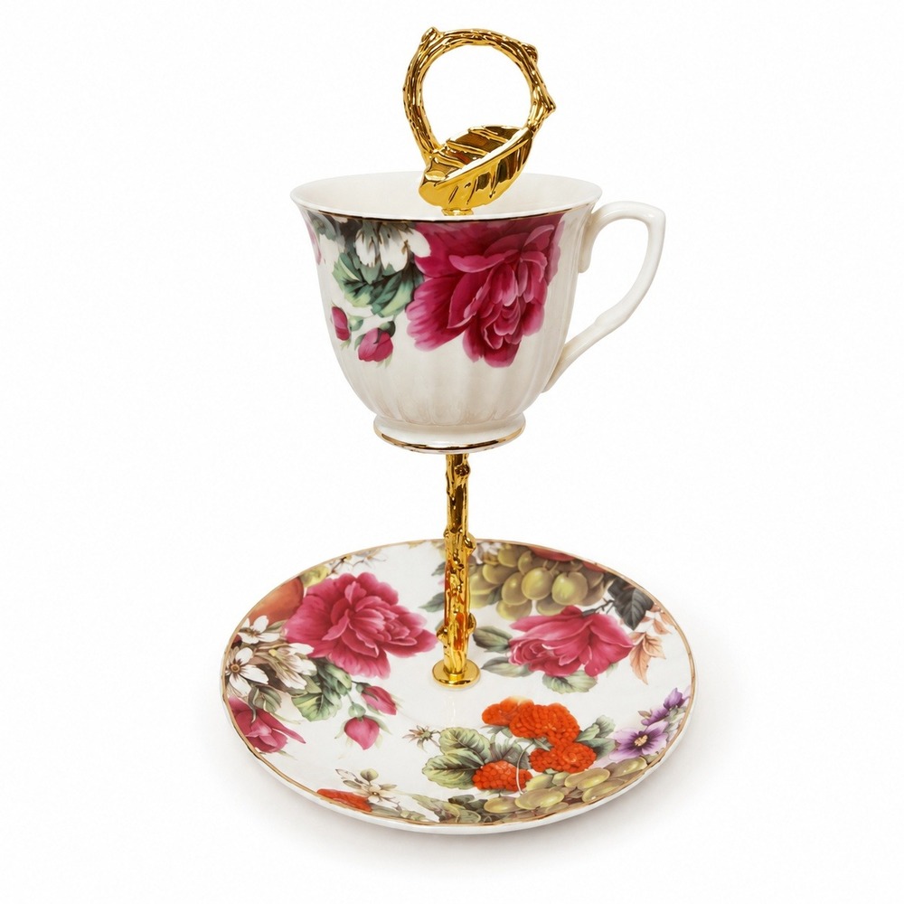 Tiered Jewelry Stand Women OS White Pink Floral Rose Fruit Gold Leaf